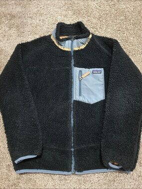Patagonia Black Sherpa Jacket with Light Blue Pocket and Tan Trim - Kids